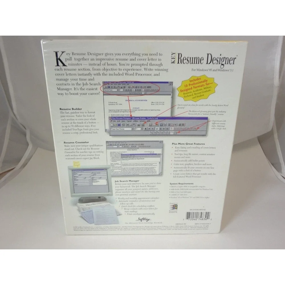 SoftKey Key Resume Designer (PC, 1996) Windows 95 and 3.1 - Factory Sealed & New